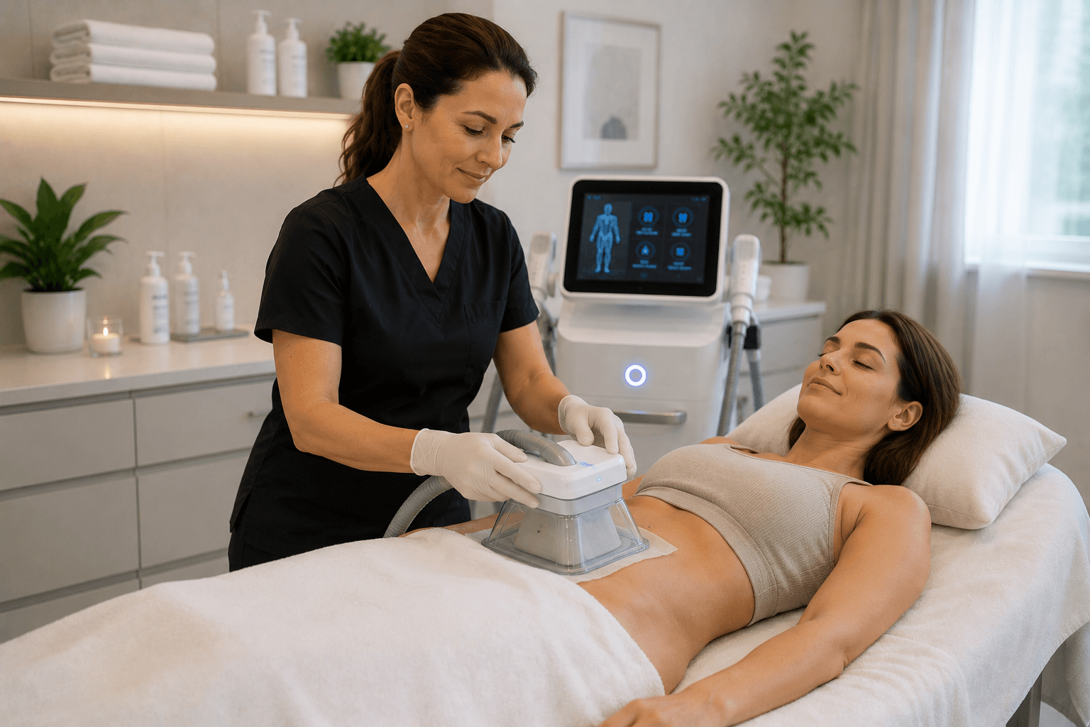 Practitioner using a fat freezing applicator on a client's abdomen